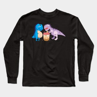 Blue and Purple Dino drinking boba milk tea Long Sleeve T-Shirt